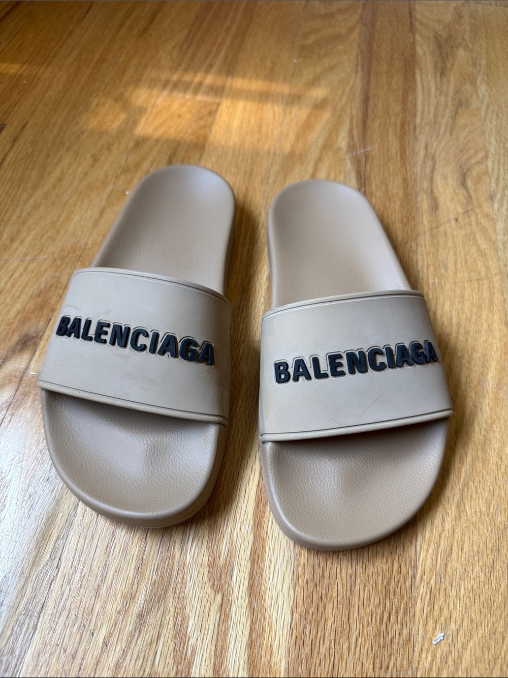 Balenciaga Beige Logo Slide Sandals with Black Lettering